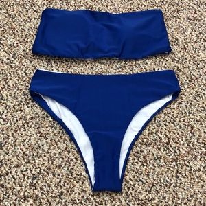 Solid Bandeau Bikini Set (Blue, Navy)